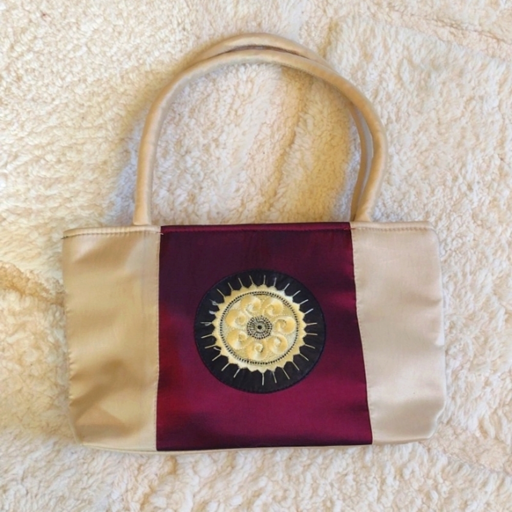 Embroidered Shiny Cream and Maroon Shoulder Purse Handbag Tote